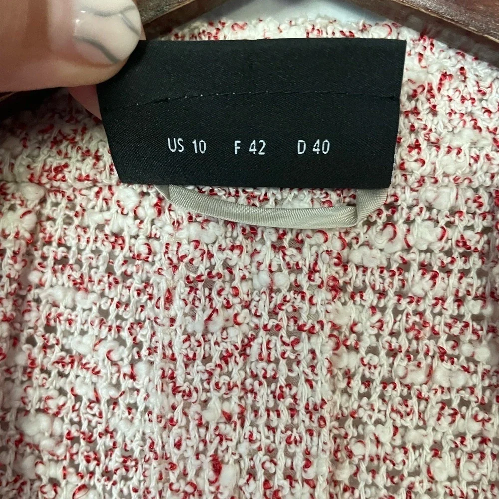 EUC Akris Punto Light Open Front Red White Speckled Textured Weave Blazer Sz 10 - Picture 8 of 13